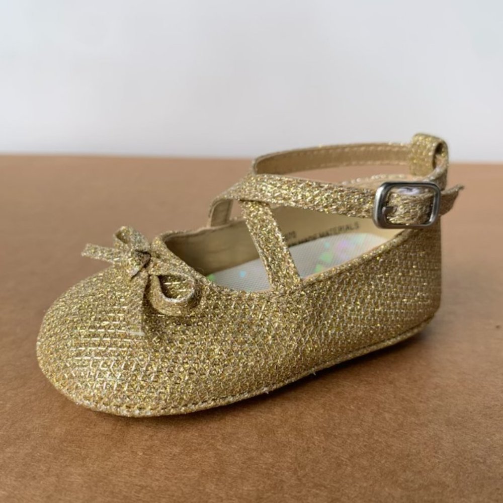 Baby Infant Girl Leatherette Bow Crisscross Flat - Gold Glitter